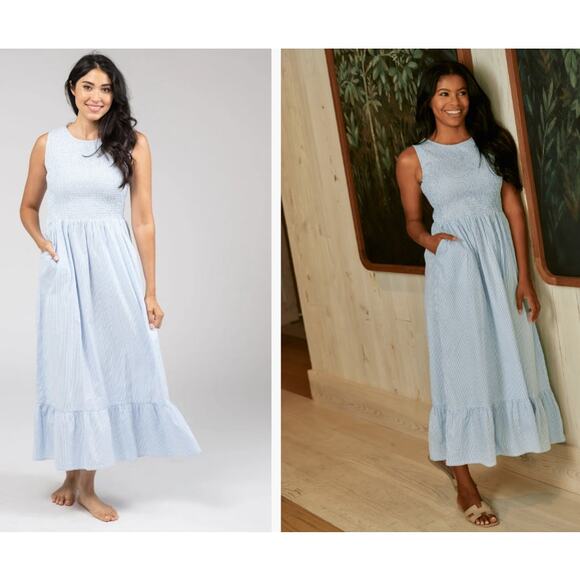 The Margot Dress Size M  Blue Seersucker Smocked Bodice Maxi Flutter Hem Pockets - Picture 1 of 12